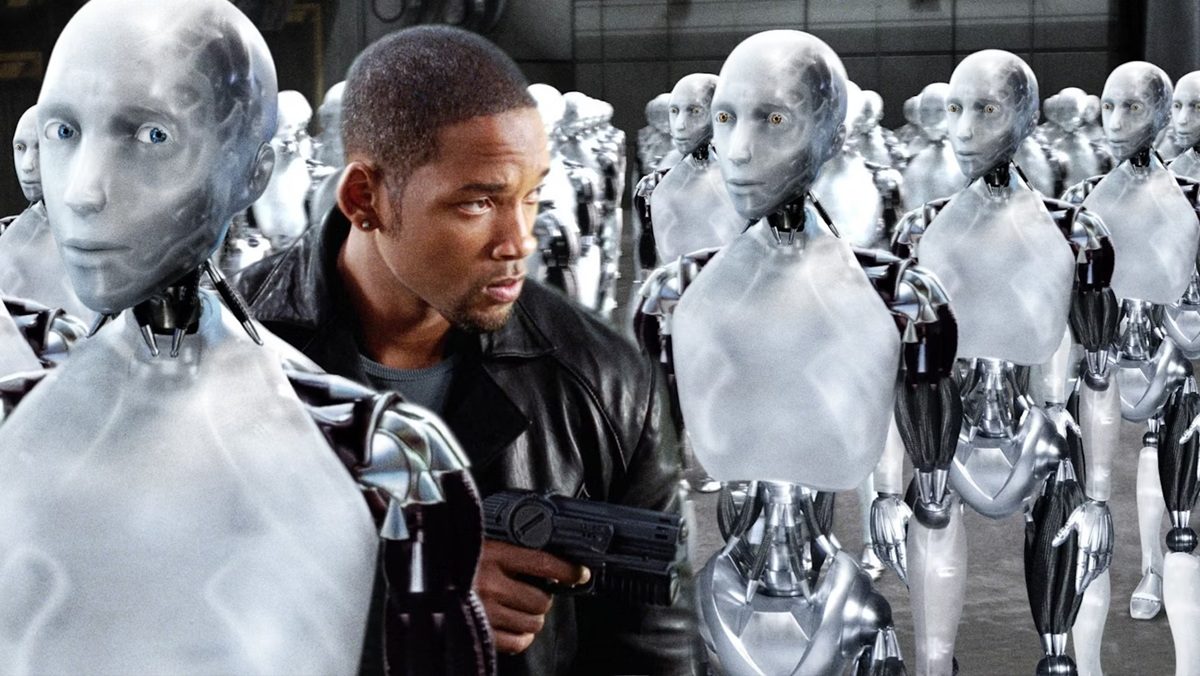 Will Smith walks through rows and rows of robots in the 2004 sci-fi movie I, Robot.