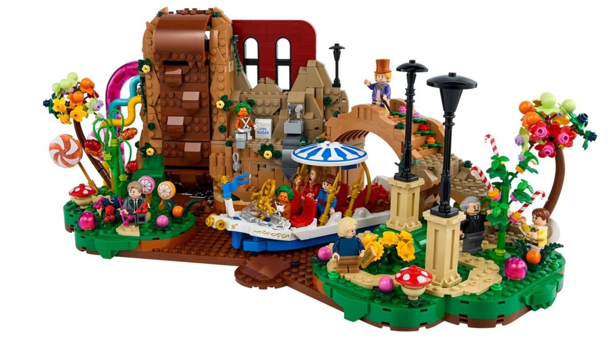 The full LEGO Ideas Willy Wonka & the Chocolate Factory set on display.