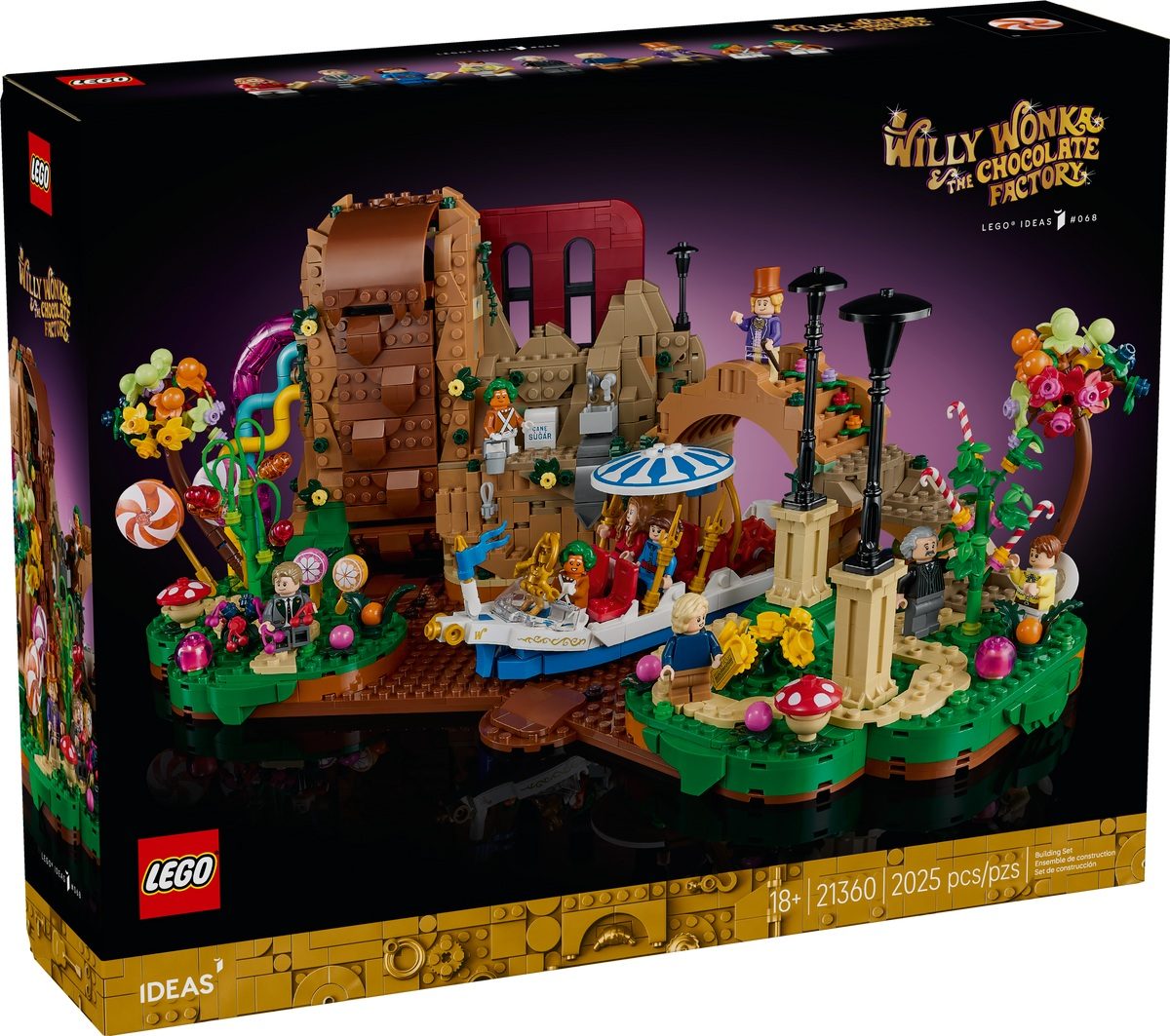 Package art for the LEGO Ideas Willy Wonka and the Chocolate Factory set.