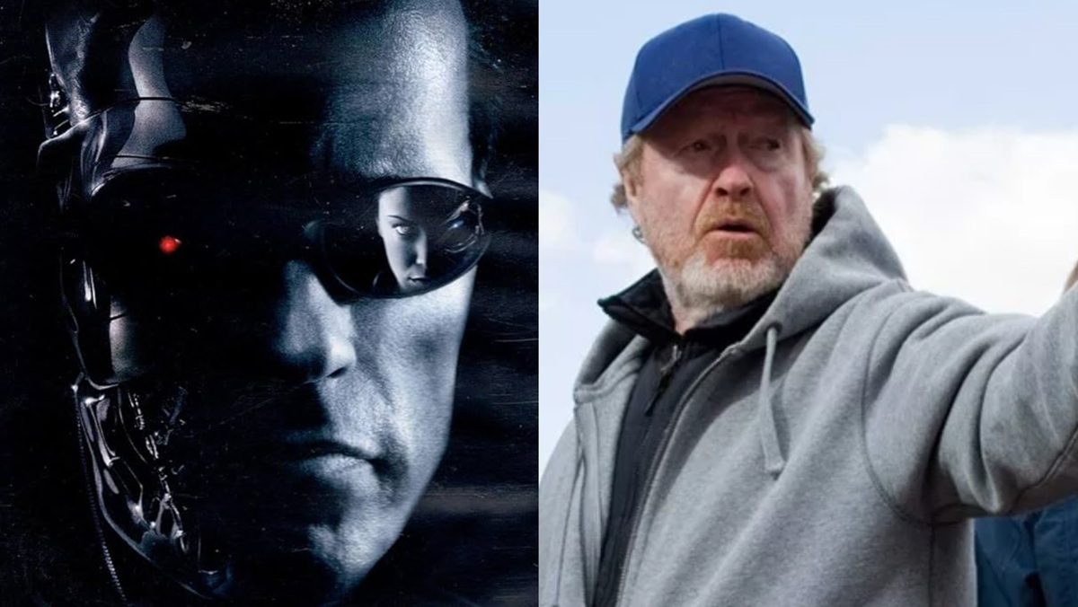 (Left) Poster art for Terminator 3: Rise of the Machines (Right) Ridely Scott directing The Martian