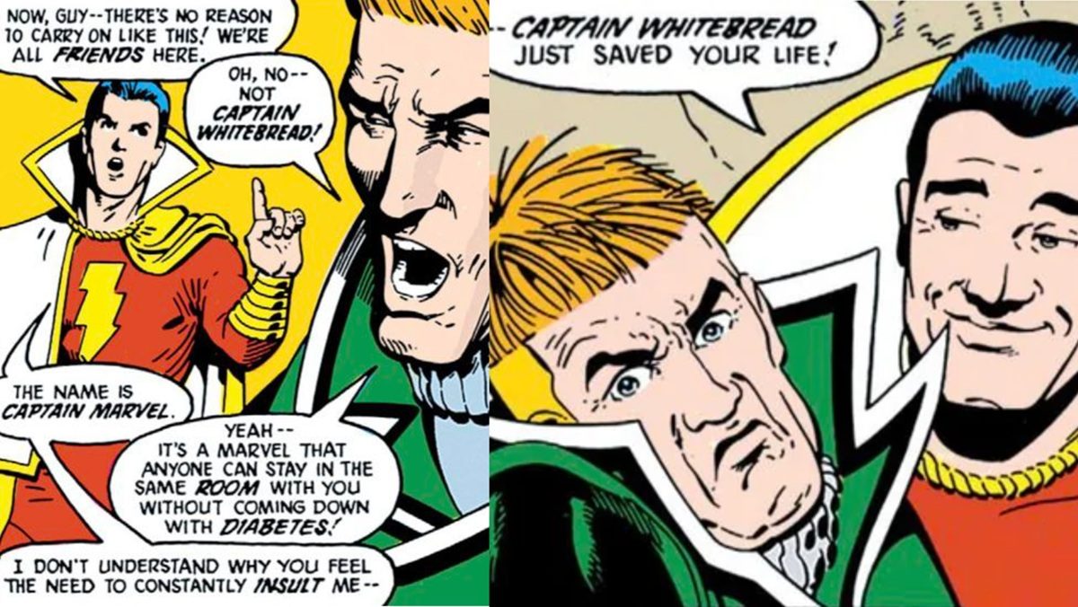 Shazam and Guy Gardner interact in the pages of Justice League International.