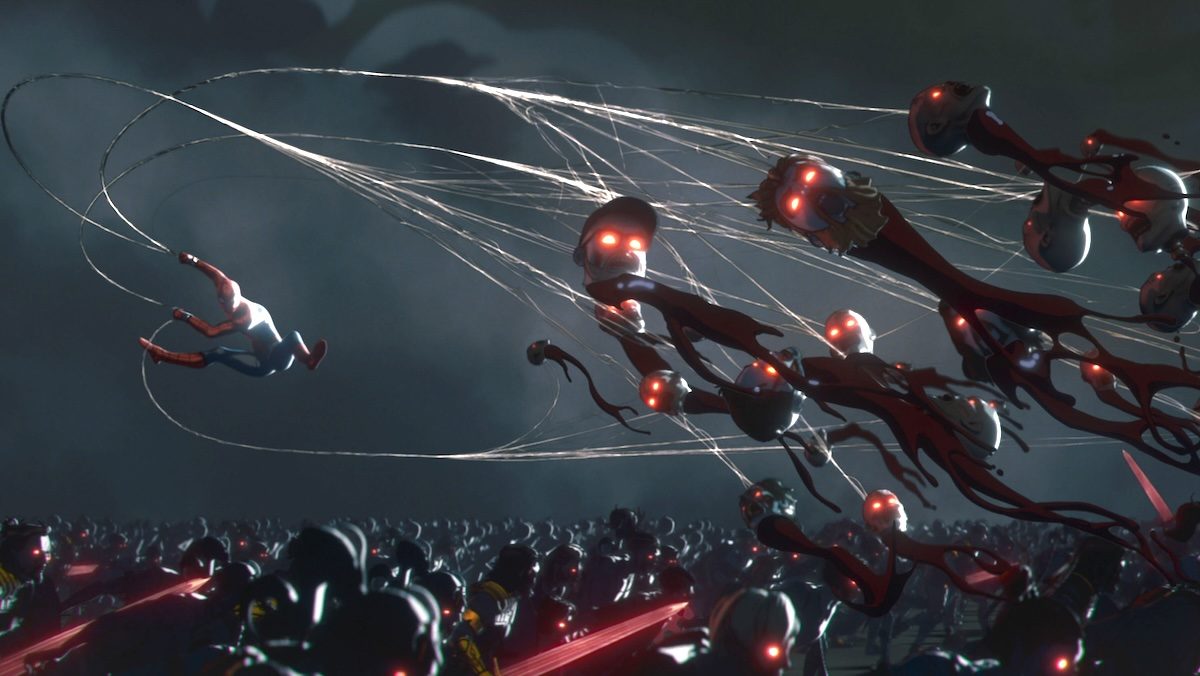 An animated Spider-Man using his webs to rip the heads off zombies on Marvel Zombies
