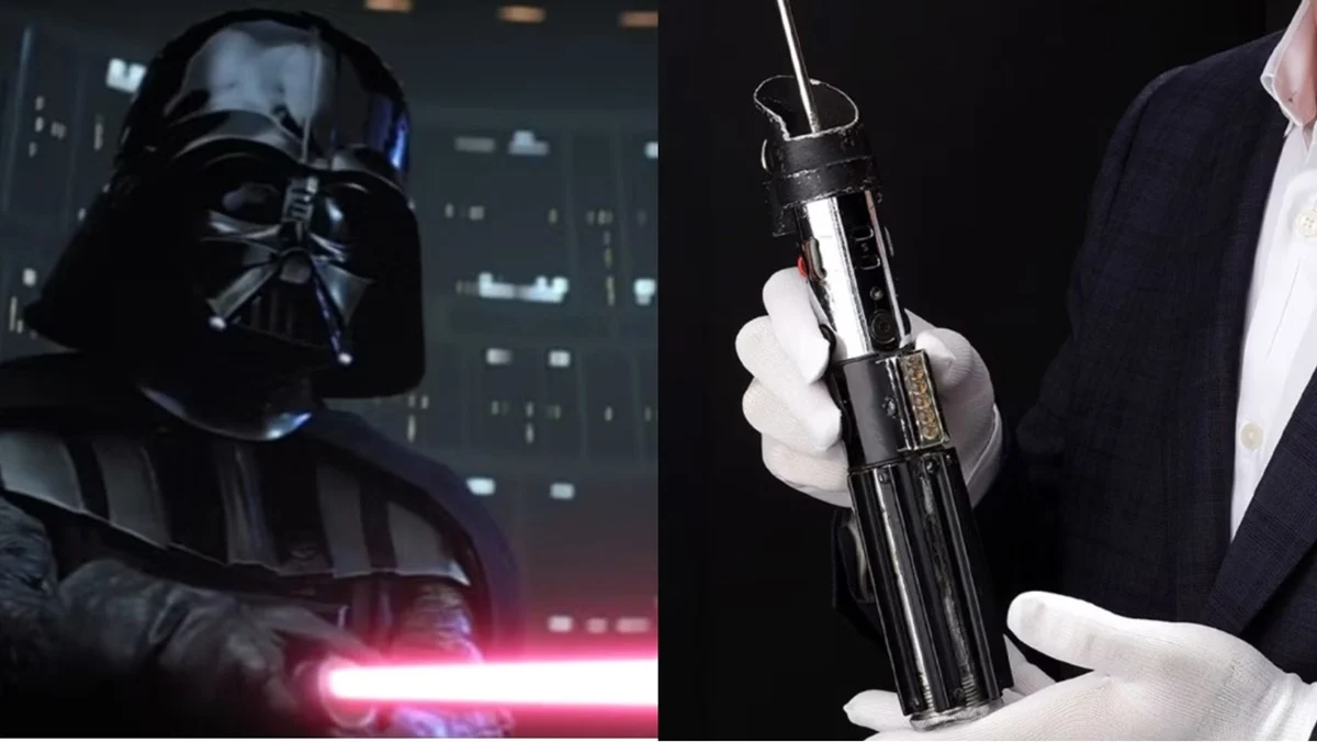 (Left) Darth Vader holding his lightsaber in The Empire Strikes Back (Right) The Propstore glamour shot of the Vader lightsaber prop