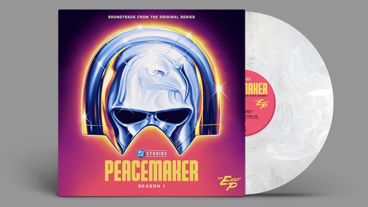 Peacemaker season 1 EP album with his helmet on the front cover and the white vinyl disc peeking outt