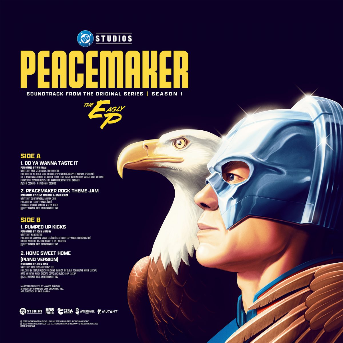 Back cover of the Peacemaker Season 1 EP with art of him and Eagly