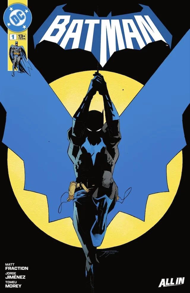 Batman swings toward camera with the moon behind him.