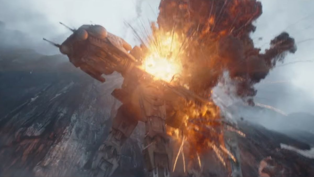 An exploding AT-AT from The Mandalorian and Grogu trailer