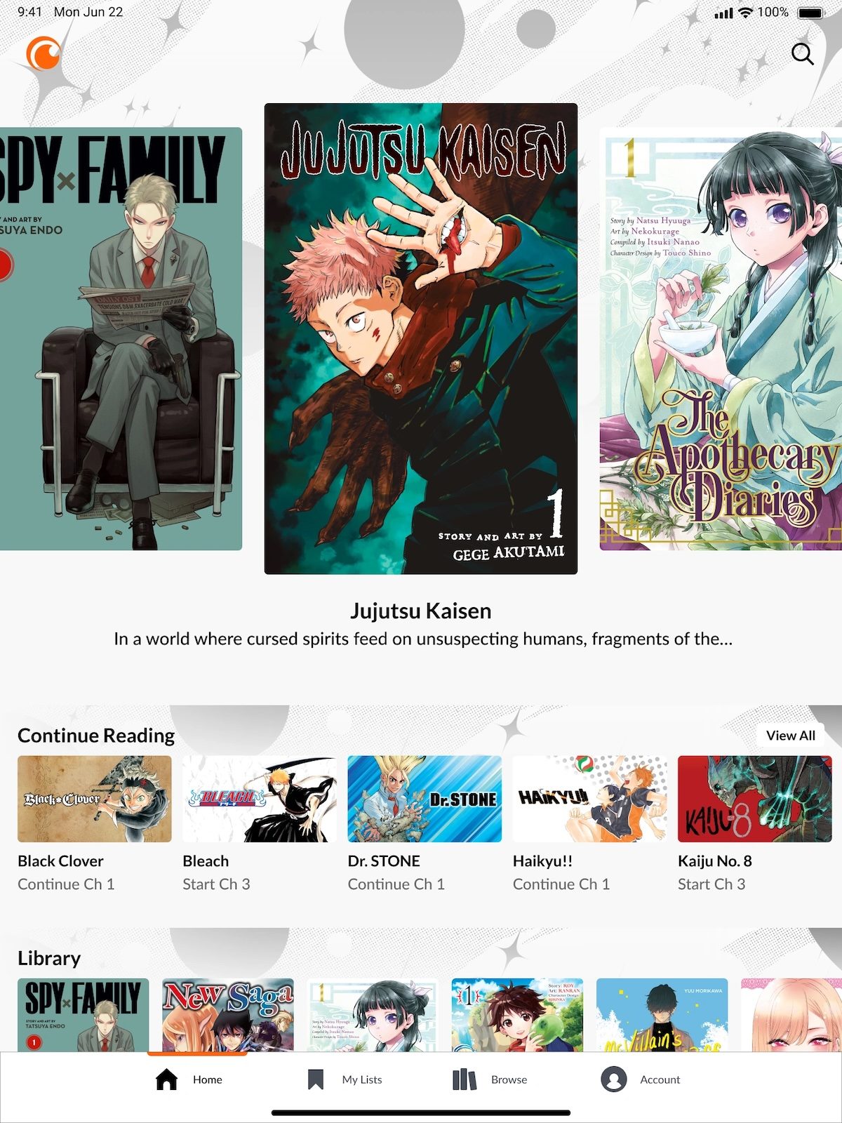 Cover pages for various titles available in theCrunchyroll Manga app