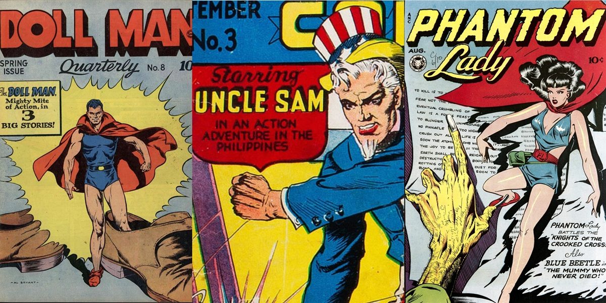 The Quality Comics heroes Doll-Man, Uncle Sam, and Phantom Lady.