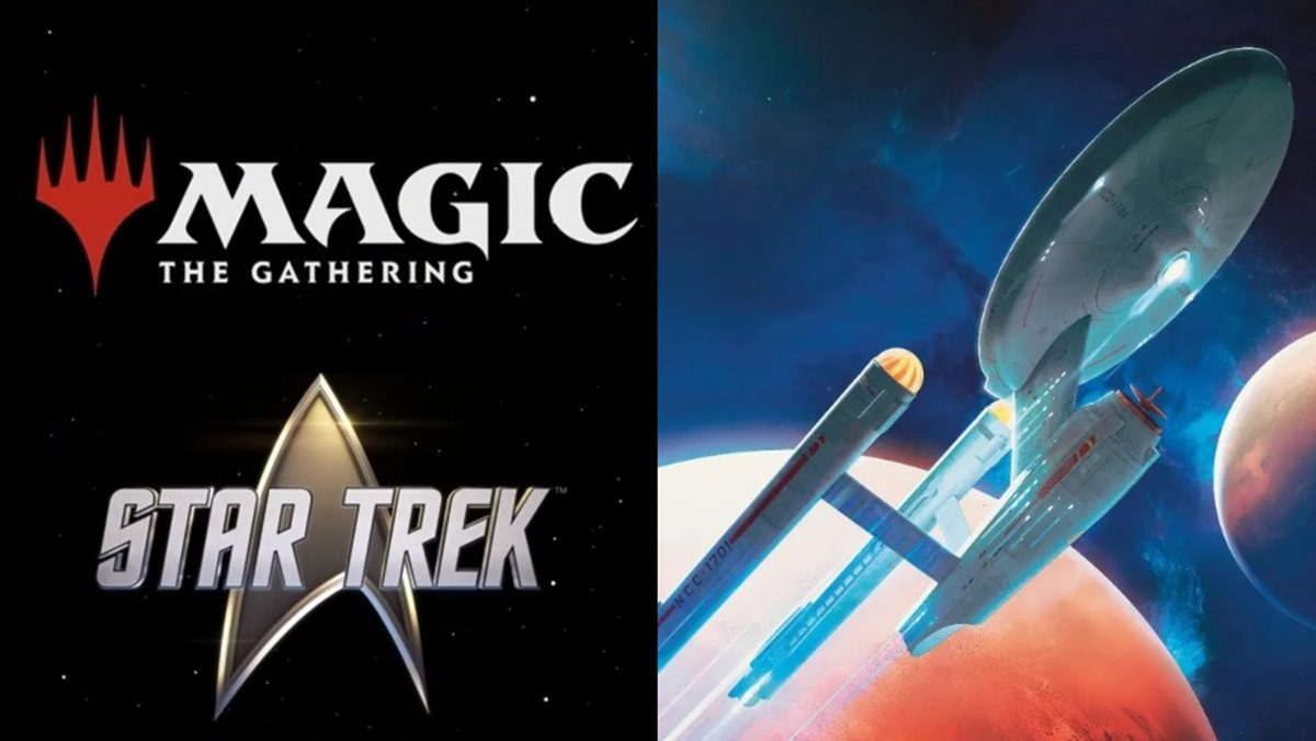 The Magic: the Gathering x Star Trek announcement logo, and the starship Enterprise.