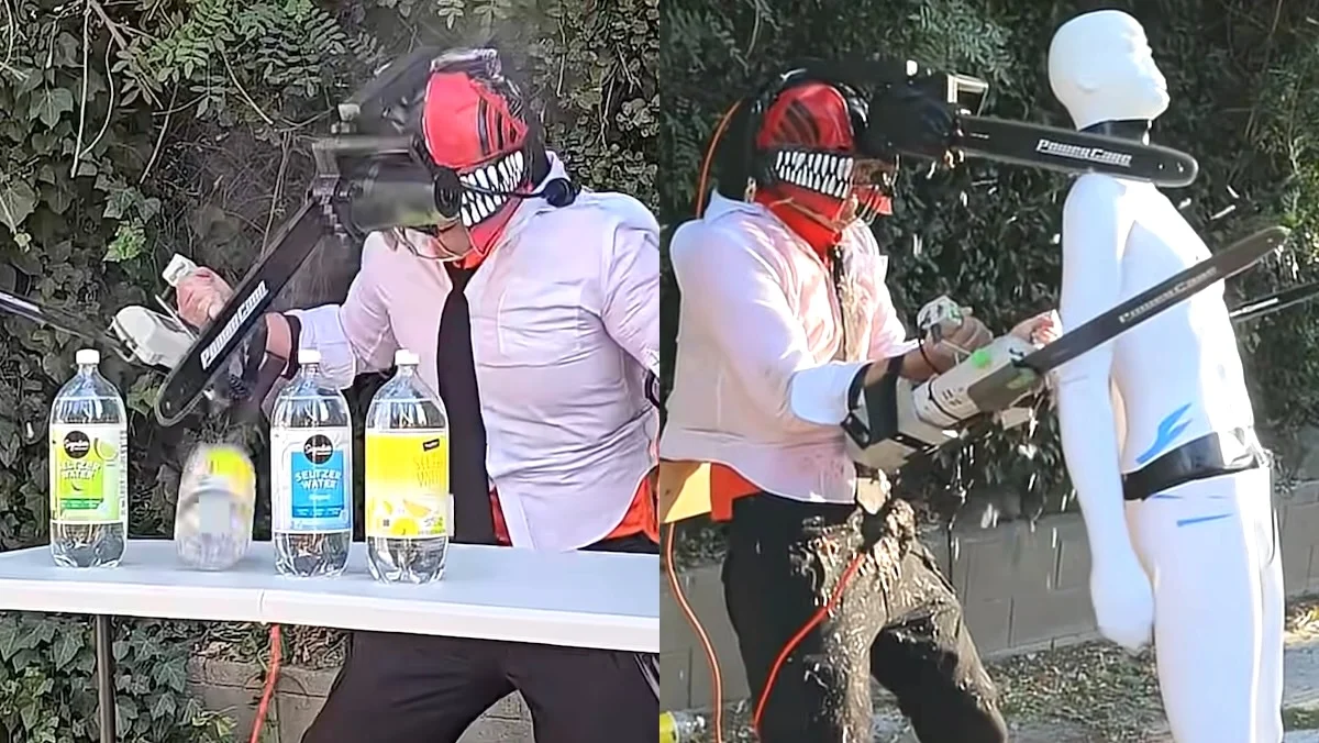 Split image of a man in a real Chainsaw Man suit cutting stuff up