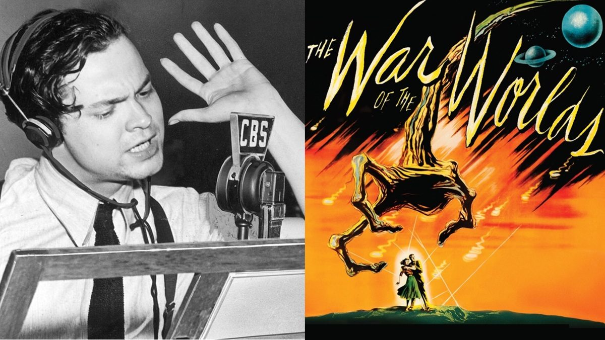 (Left) Orson Welles performing War of the  Worlds in 1938 (Right)  War of the Worlds movie poster from 1953
