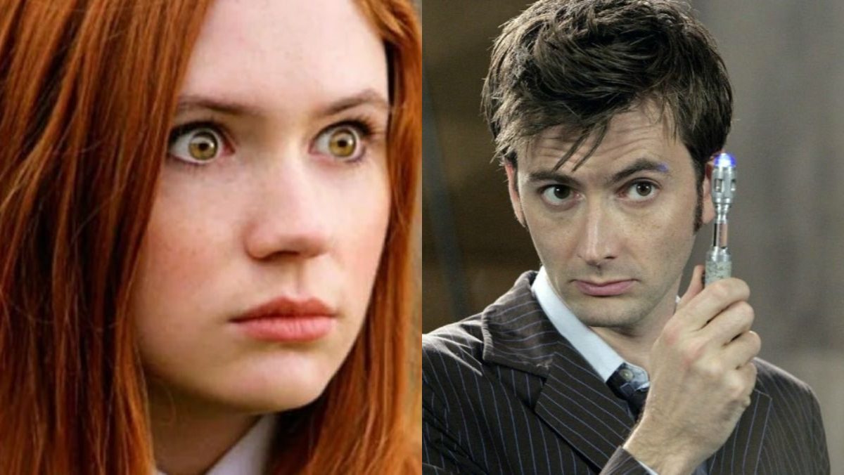 the tenth doctor holding a screwdriver and amy pond