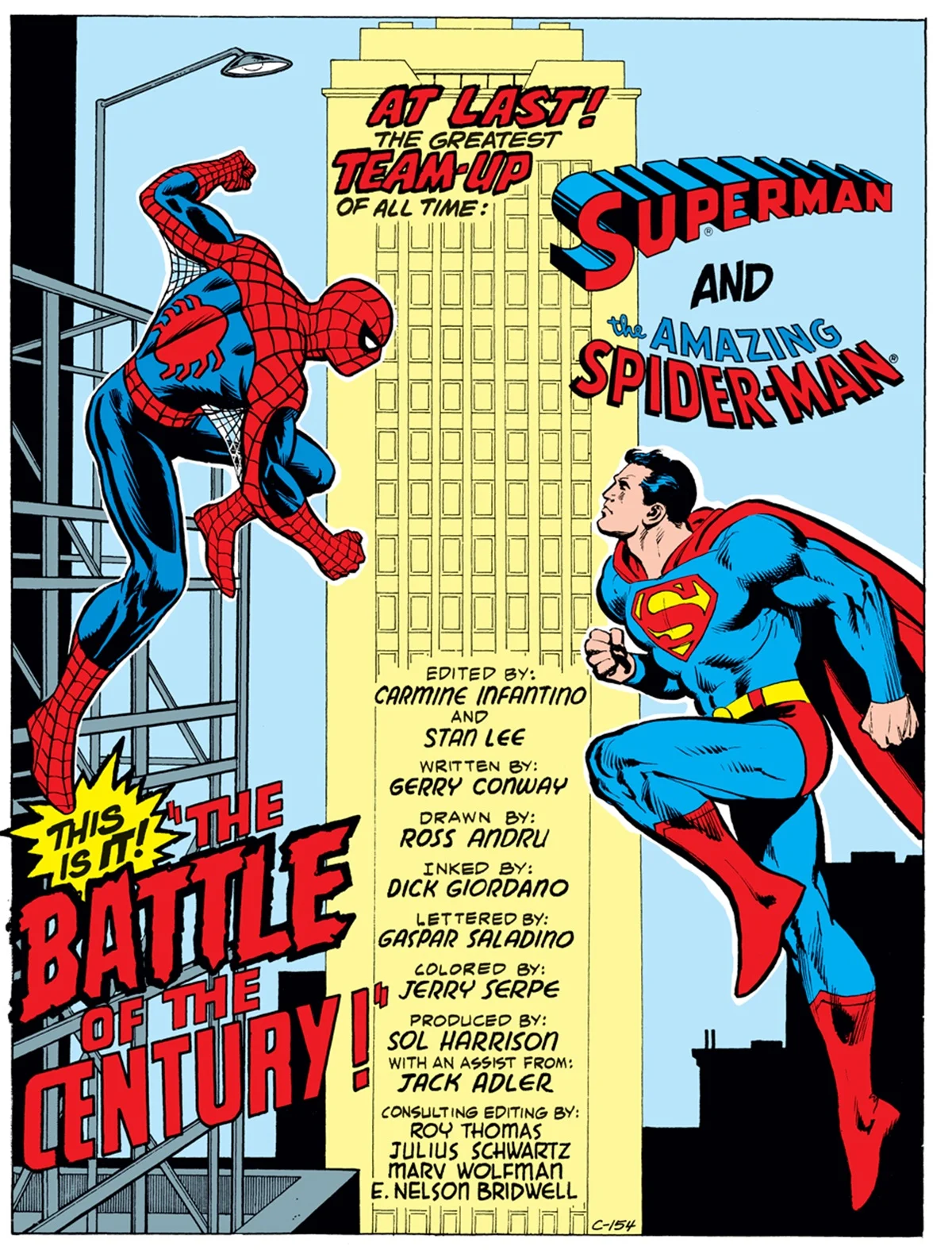 Splash page from the classic 1976 Superman vs. the Amazing Spider-Man crossover by Ross Andru.