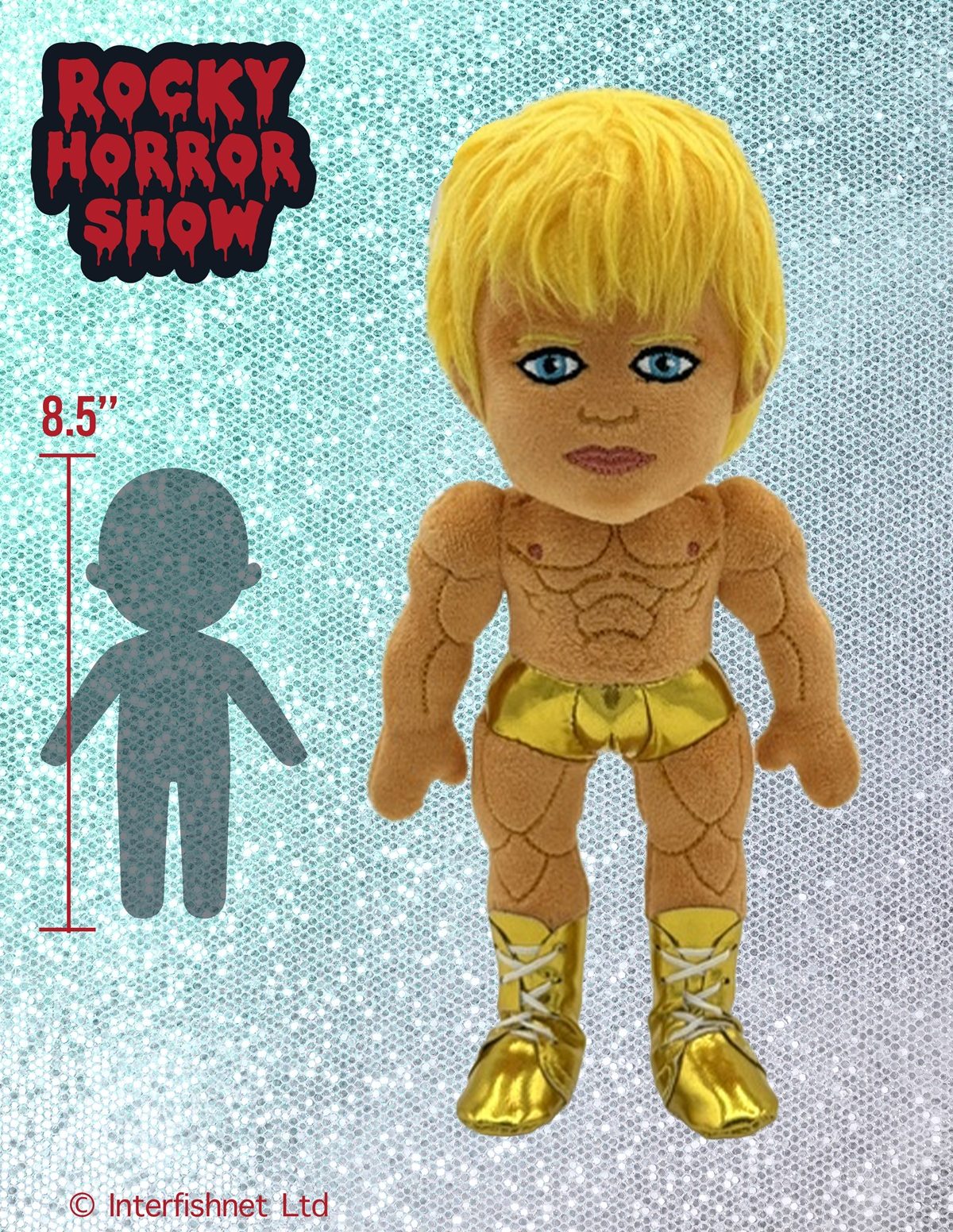 Rocky Horror Show plushie front view with size chart.