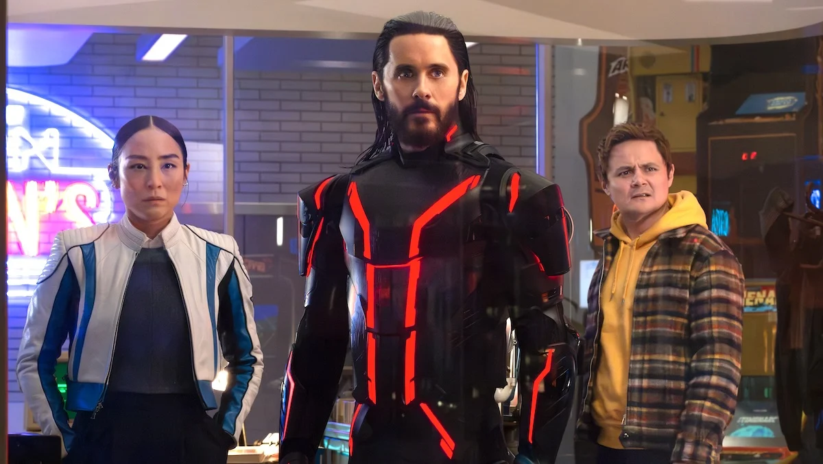 Greta Lee, Jared Leto, and Arturo Castro in Tron: Ares