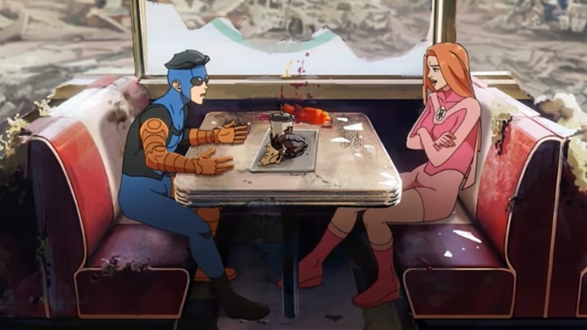 Invincible and Atom Eve meet in a destroyed burger joint in Invincible season 4 trailer.