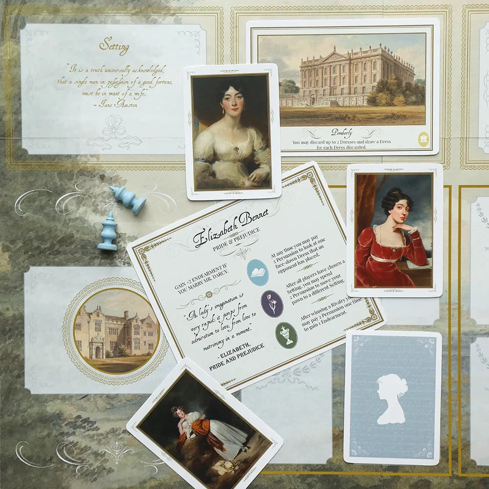 character cards and pieces from jane austen board game